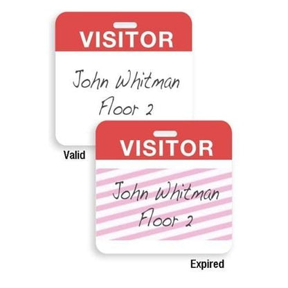 Image shows two temporary visitor badges labeled "John Whitman Floor 2." The valid badge has no background pattern, while the expired 500 Pack - Self Expiring Visitor Temp Badges (P/N T2014) has pink diagonal stripes.
