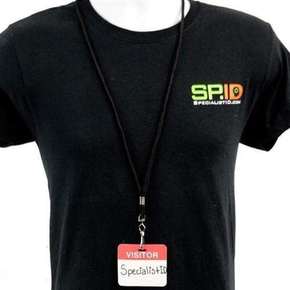 Person wearing a black t-shirt with "SpecialistID.com" logo and a red 500 Pack - Self Expiring Visitor Temp Badges (P/N T2014) on a lanyard.