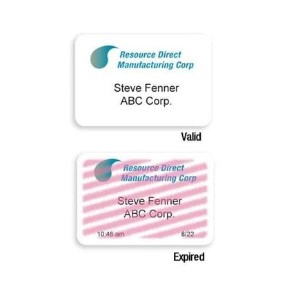Two ID badges from Resource Direct Manufacturing Corp. The top badge is valid with black text on white. The bottom badge, featuring the One Day Self-Expiring Timejet Printable Frontpart, Box of 500 (P/N T2015), has a red striped background and the same text, indicating it has expired.