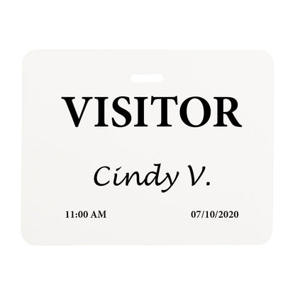Visitor badge displaying the name Cindy V., with the time 11:00 AM and date 07/10/2020, printed on a Thermal-printable Non-expiring Printable Clip-on Cardbadge (P/N 03981), ensuring a secure environment through efficient visitor management.