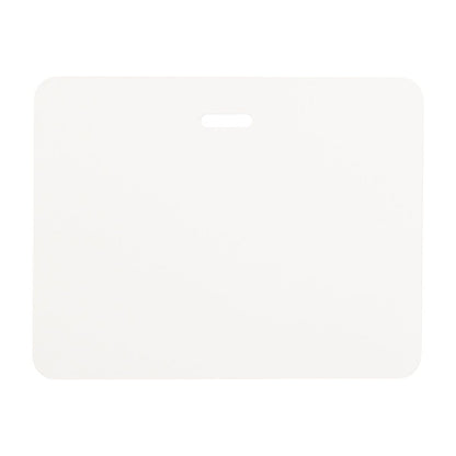 A plain white rectangular board with rounded corners and a small horizontal slot in the center near the top, designed for a Thermal-printable Non-expiring Printable Clip-on Cardbadge (P/N 03981) to enhance visitor management and maintain a secure environment.