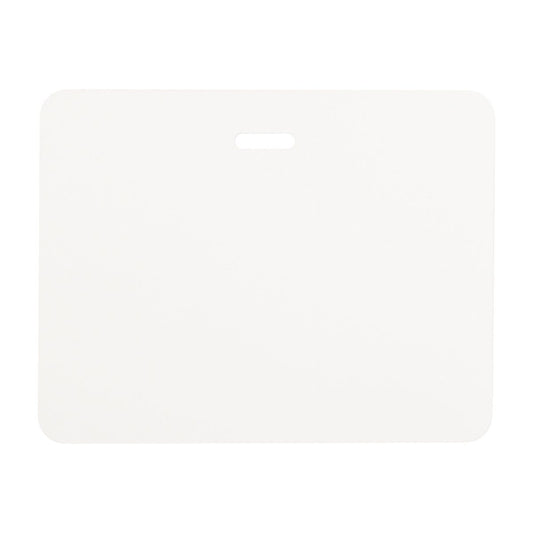 A plain white rectangular board with rounded corners and a small horizontal slot in the center near the top, designed for a Thermal-printable Non-expiring Printable Clip-on Cardbadge (P/N 03981) to enhance visitor management and maintain a secure environment.