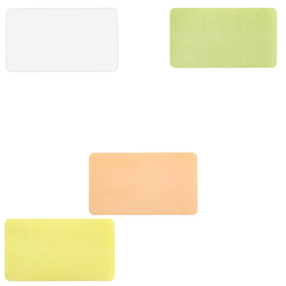 Four Thermal-printable Non-expiring Printable Adhesive Badges, Box of 1000 (P/N 0408X), ideal for visitor management, are arranged on a white background. They are colored white, green, peach, and yellow respectively.