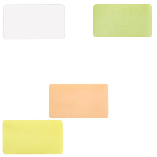 Four Thermal-printable Non-expiring Printable Adhesive Badges, Box of 1000 (P/N 0408X), ideal for visitor management, are arranged on a white background. They are colored white, green, peach, and yellow respectively.