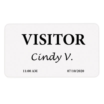 A Thermal-printable Non-expiring Printable Adhesive Badge, Box of 1000 (P/N 0408X), features the name "Cindy V.," the date "07/10/2020," and the time "11:00 AM" printed on it. Sold by Specialist ID.