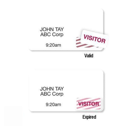 Two visitor badges with "JOHN TAY, ABC Corp, 9:20am." The top badge is marked "VISITOR" and is valid, while the bottom badge is a self-expiring temporary badge and expired. This efficient visitor management system uses Thermal Printable Badge , Box of 1000 (P/N T4102) for added security and convenience.