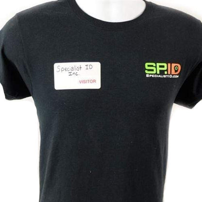 Person wearing a black T-shirt with a Specialist ID logo on the right side and a name tag that reads "Thermal Printable Badge, Box of 1000 (P/N T4102)" on the left side, showcasing efficient Visitor Management.
