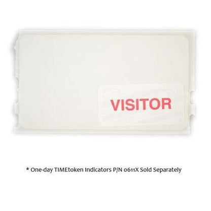 A blank, horizontal plastic badge with a clear visitor label in red text. Note below reads: "* One-day TIMEtokens Indicators P/N 0611X Sold Separately." Ideal for Visitor Management, this Thermal Printable Badge, Box of 1000 (P/N T4102) is designed for self-expiring temporary use.