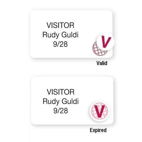 Two Thermal-printable Adhesive Badges With Expiring Timespot Indicator, Box of 1000 (P/N T4103) for Rudy Guldi dated 9/28. The top badge is marked "Valid" while the bottom badge is marked "Expired," indicated by different colored "V" stickers serving as an expiring time spot indicator.

