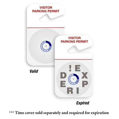 Two visitor parking permits are shown. The left permit is valid and features a full circle with numbers. The right permit is expired, displaying the word "EXPIRED" and a partial remaining circle. These 500 Pack - Temporary Expiring Hangtag "VISITOR PARKING PERMIT" (P/N 05139) are essential for effective visitor management.