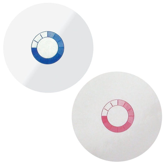 Two circular charts, one blue and one pink, each displaying a partially filled ring with segments in varying shades, against a plain white background, illustrating One Day Expiring Timing Cover - Regional Climate Based, Box of 500 (P/N 0514X) trends.