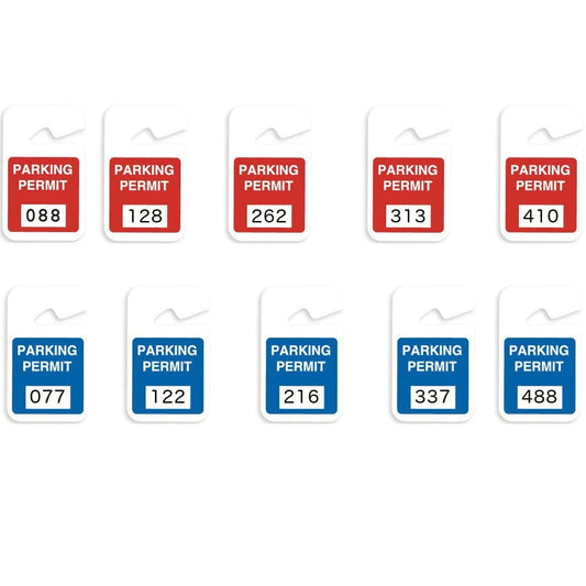 Ten parking permits, five red and five blue, each with a unique three-digit number: 088, 128, 262, 313, 410, 077, 122, 216, 337, and 488. These Non-expiring 3x5 Parking Permit Hangtag, Box of 100 (P/N 0519X) are ideal for efficient visitor management.