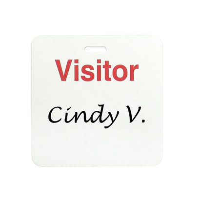 A VISITOR Manual Non-expiring 3" X 3" Cardbadge, Box of 1000 (P/N 05568) with "Visitor" in red letters at the top and "Cindy V." in black cursive below ensures a secure environment through effective visitor management.