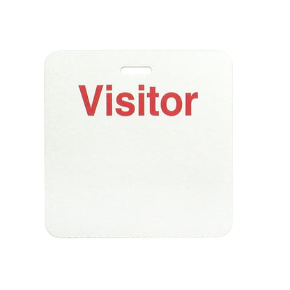 A white square badge with the word "Visitor" in red capital letters at the center ensures a secure environment through efficient visitor management is achieved using the VISITOR Manual Non-expiring 3" X 3" Cardbadge, Box of 1000 (P/N 05568).