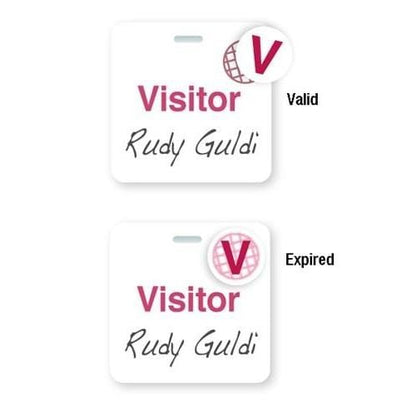 Two Manual Clip-on "VISITOR" Badges With Expiring Time Covers, Box of 1000 (P/N 05587) for "Rudy Guldi," one marked "Valid" with a "V" icon on the top right, and the other marked "Expired" with the "V" icon crossed out. This example illustrates an effective Visitor management system using expiring time spots to ensure security and proper access control.