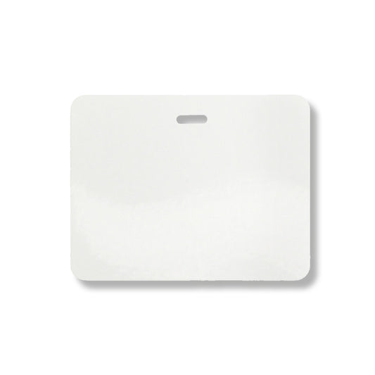 A plain white rectangular ID badge with rounded corners and a single slot for attachment at the top center, ideal for use with Reusable 4 X 3 Cardbacker Badge Back, Box of 500 (P/N 05661).