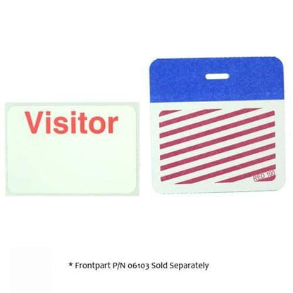 Visitor badge with red text on white background, accompanied by a blue clip-on holder with red diagonal stripes. Ideal for streamlined visitor management, the Self Expiring Clip-on Backpart, Box of 1,000 (P/N T590X) ensures secure attachment. * Front part P/N 06103 sold separately.