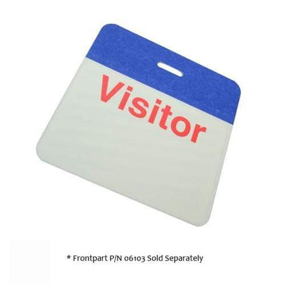 A white badge with a blue top section and the word "Visitor" in red text. Note below reads "* Frontpart P/N 06103 Sold Separately". Ideal for visitor management, these Self Expiring Clip-on Backpart, Box of 1,000 (P/N T590X) ensure secure identification.