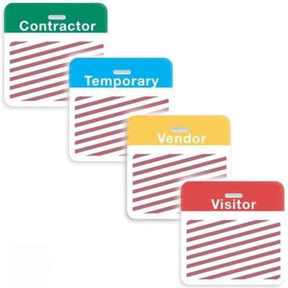 Our four Preprinted Self-Expiring Badge Backparts, Box of 1000 (P/N T59XX), come in distinct colors for easy categorization: Contractor (green), Temporary (blue), Vendor (yellow), and Visitor (red). Each features a striped design. The badges also include a preprinted header for added convenience.