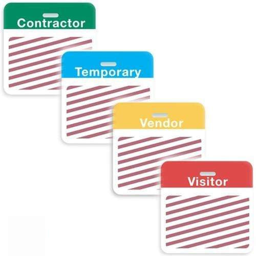 Our four Preprinted Self-Expiring Badge Backparts, Box of 1000 (P/N T59XX), come in distinct colors for easy categorization: Contractor (green), Temporary (blue), Vendor (yellow), and Visitor (red). Each features a striped design. The badges also include a preprinted header for added convenience.