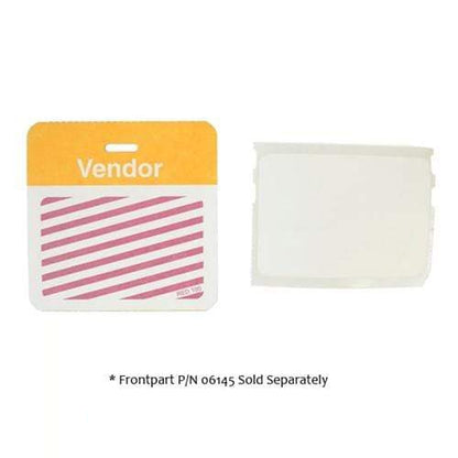 Vendor badge with striped design and detachable plastic cover, shown side by side. Note indicates front part P/N 06145, a thermal printable front part, is sold separately. Backpart is replaced with Preprinted Self-Expiring Badge Backpart, Box of 1000 (P/N T59XX).