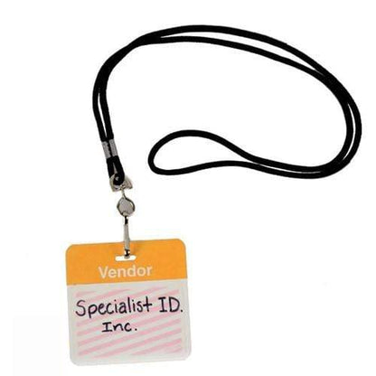 A lanyard with a name badge attached. The badge features an orange top labeled "Vendor" and reads "Specialist ID, Inc." in black ink on a white background with pink lines. The Preprinted Self-Expiring Badge Backpart, Box of 1000 (P/N T59XX) ensures clear identification at events or workplaces.