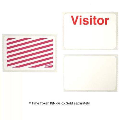 Image showing a trio of visitor name badge templates, including an Expiring TIMEbadge Adhesive Backpart, Box of 1000 (P/N T6032A) with a red striped time token, a blank white badge, and a white badge with "Visitor" in red text.