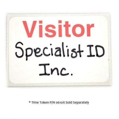 A name badge reading "Visitor Specialist ID Inc." in handwritten text, with the note "* Expiring TIMEbadge Adhesive Backpart, Box of 1000 (P/N T6032A) Sold Separately" below. Designed for effective visitor management, the badge features an adhesive backpart for easy attachment.