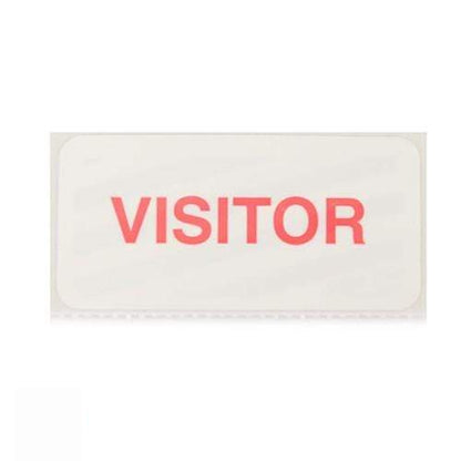A white badge with rounded corners featuring the word "VISITOR" in bold, red uppercase letters, designed as a One-day TIMEtoken Backpart Indicator, Box of 1000 (P/N T6057) for streamlined visitor management.