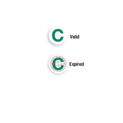 An image showing two symbols: a green "C" labeled as "Valid" and a blurred red "C" labeled as "Expired", highlighting the efficiency of Color One Day Expiring Time Spot Indicator, Box of 1000 (P/N T612X) in visitor management.
