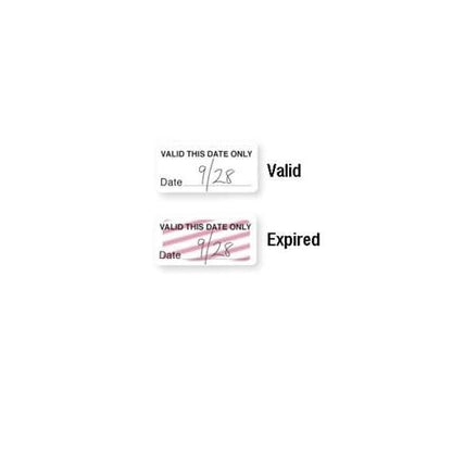 Two labels: The top label reads "Valid this date only - Date 9/28" and is marked as "Valid." The bottom label utilizes Self-expiring Half-day TIMEtoken Indicators (P/N T641X) and reads "Valid this date only - Date 9/28," but is marked as "Expired" with a red line through the date.