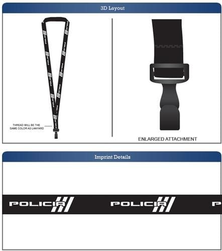 Black RFP # 1000060026 "Policia" 5/8" Custom Breakaway Lanyards  With Wide Plastic Hook 1000060026-0020