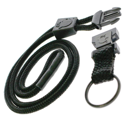 Introducing the EK Lanyard Plus with Detachable Key Ring (10028) by EK USA: A black coiled lanyard with plastic quick-release clasps, a keyring attachment, and a breakaway safety feature for added security.
