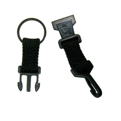 A Black EK Breakaway Lanyard with Detachable ID Hook and Key Ring (10230) by EK USA with a two-part clip featuring a key ring on one end and a plastic hook on the other, designed as a convenient breakaway lanyard.