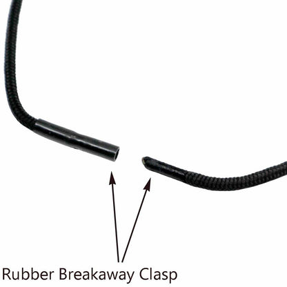 Close-up of a black EK Lanyard Plus with Detachable Soft End (10252) by EK USA cord with a rubber breakaway clasp, separated, with two arrows pointing to the detachable soft ends. Text reads "Rubber Breakaway Clasp.