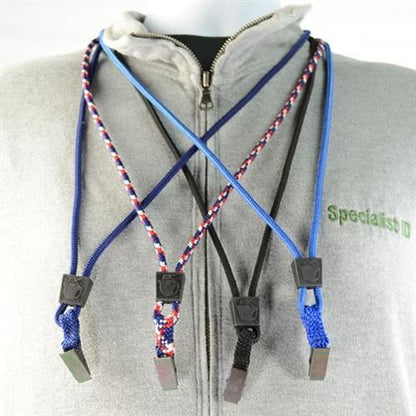Person wearing a grey Specialist ID jacket displays five lanyards of various colors and designs around their neck, all attached with EK Lanyard with Bulldog Clip (10329) by EK USA.
