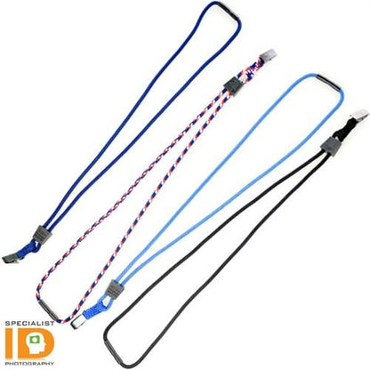 A variety of EK Lanyard with Bulldog Clip (10329) by EK USA in blue, red, white, black, and a mixed color, featuring adjustable sliders and clips at the ends. Perfect for holding ID badge holders securely with their convenient Bulldog Clip attachment.