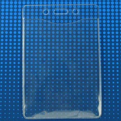The PureClear 3X4 Earth Friendly Vertical Convention Size Badge Holder 106-JL / 1815-1126 is a clear plastic name badge holder with a reinforced top and pre-punched holes for lanyard attachment, displayed against a blue background with a dotted pattern.