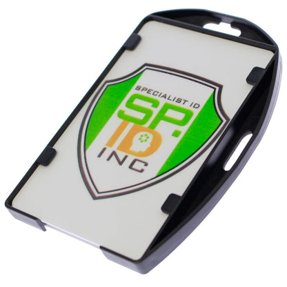 Black EK Patriot Shielded RFID Blocking Two Card ID Badge Holder (10916) by EK USA featuring a Specialist ID, Inc. badge with a green shield logo. Ideal for securing your government-issued CAC card or FIPS 201 ID badge.