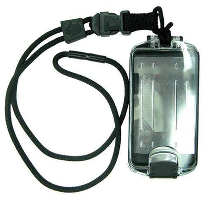 A clear, water-resistant phone case with a black lanyard and secure buckle closure that also functions as a Black EK Guardian ID Badge Holder with Detachable Lanyard (10935) by EK USA.