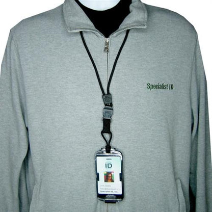 A person wearing a gray sweater with "Specialist ID" text, displaying a Black EK Guardian ID Badge Holder with Detachable Lanyard (10935) by EK USA in a plastic, water-resistant case around their neck.