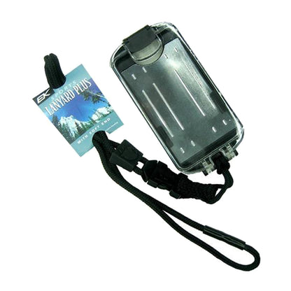 A transparent, rectangular water-resistant case with a hinged lid, attached to a black, adjustable lanyard. A tag labeled "Black EK Guardian ID Badge Holder with Detachable Lanyard (10935) by EK USA" with an image of a mountain is attached, perfect for use as an ID badge holder in security positions.