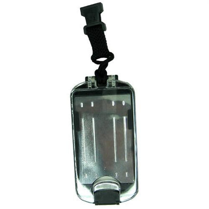 Clear plastic protective case for a smartphone, featuring a black strap and a locking mechanism at the top. This water-resistant case doubles as an ID badge holder, ensuring your essentials stay secure and dry.

Revised Sentence:
Black EK Guardian ID Badge Holder with Detachable Lanyard (10935) by EK USA for a smartphone, featuring a black strap and a locking mechanism at the top. This water-resistant case doubles as an ID badge holder, ensuring your essentials stay secure and dry.