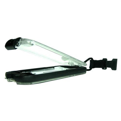 A clear portable case with a hinged lid, partially open, and a wrist strap attached to one end. This Black EK Guardian ID Badge Holder with Detachable Lanyard (10935) by EK USA is ideal for security positions, ensuring your credentials stay protected and accessible.