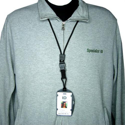 Person wearing a grey zip-up jacket with "Specialist ID" embroidered on it, and a detachable lanyard with an EK Black Lanyard with Dual-Sided Smart Card Holder (10942) by EK USA attached around their neck.