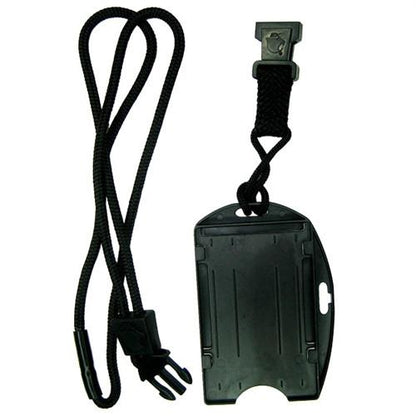 A black EK Black Lanyard with Dual-Sided Smart Card Holder (10942) by EK USA with a detachable buckle features an attached black plastic dual-sided smart card holder. Sold by Specialist ID.