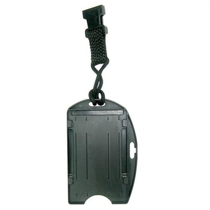 A black, rectangular EK Black Lanyard with Dual-Sided Smart Card Holder (10942) by EK USA features a detachable lanyard and a slot for inserting information. Sold by Specialist ID.