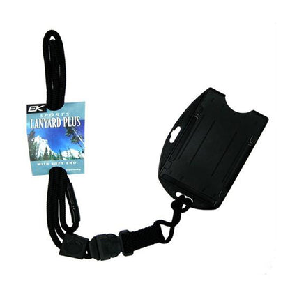 A black lanyard with an attached dual-sided smart card holder and a plastic clip. The product tag reads "EK Black Lanyard with Dual-Sided Smart Card Holder (10942) by EK USA. Sold by Specialist ID.