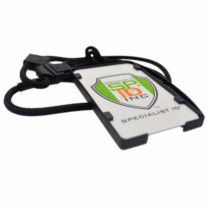 A black detachable lanyard with a plastic EK Black Lanyard with Dual-Sided Smart Card Holder (10942) by EK USA displaying a card with the Specialist ID Inc logo and text.