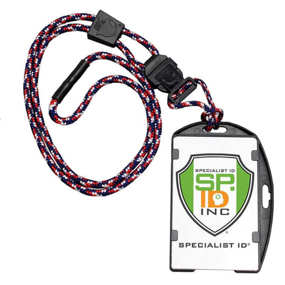 A breakaway lanyard with a red, white, and blue braided cord holds an EK USA RFID Blocking Dual Sided Badge Holder with Heavy Duty Breakaway / Quick Release Lanyard (10943) by EK USA displaying the "Specialist ID" logo.